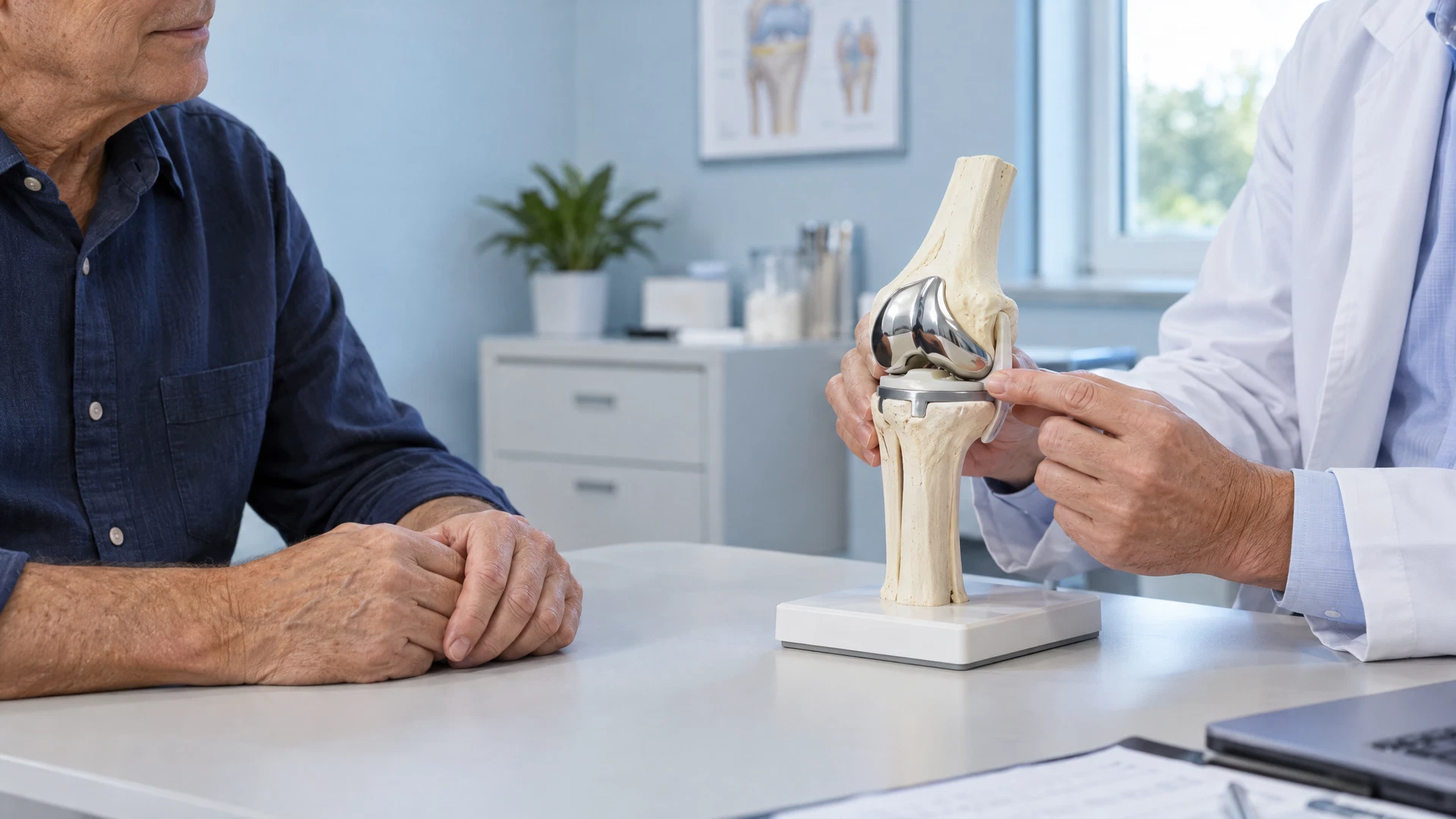 Illustrative knee replacement consultation with a physical joint model