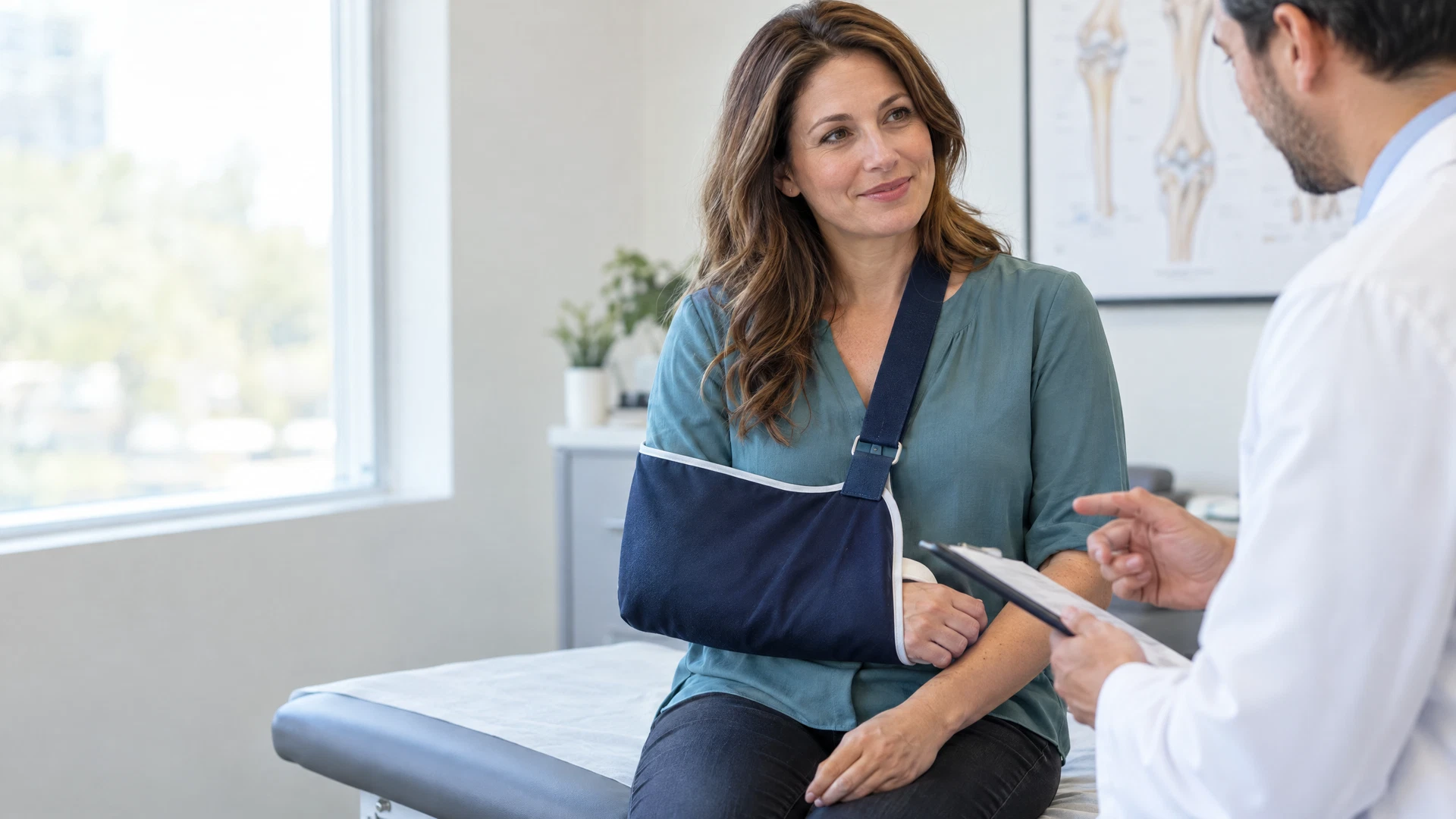 Illustrative personal injury consultation with an arm supported in a sling